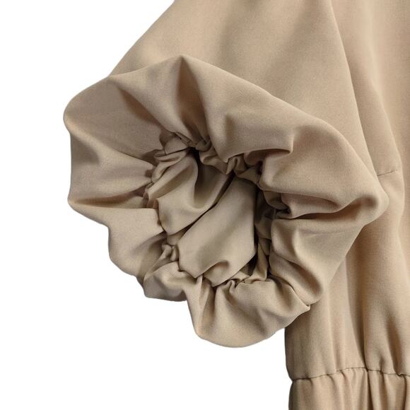 Pretty Garden Women's XL Beige Pleated Wrap Maxi Dress Short Puff Sleeves V-Neck - Picture 4 of 7